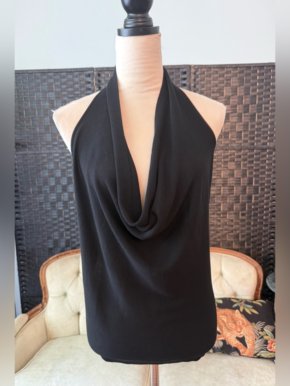 🖤 Lucy Paris Black Halter Cowl Neck Open Back Sweater Tank Top NWT Large - Picture 2 of 10